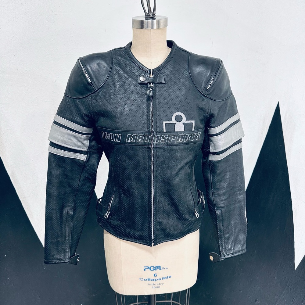 ICON XS Black Leather Racing Jacket with Protective Padding